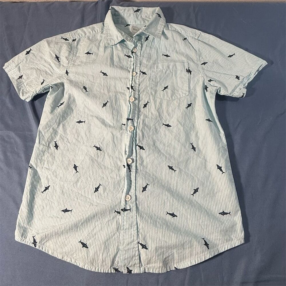 Wonder Nation Boys Shark Print Button-Up Shirt Blue Size 10-12 Casual